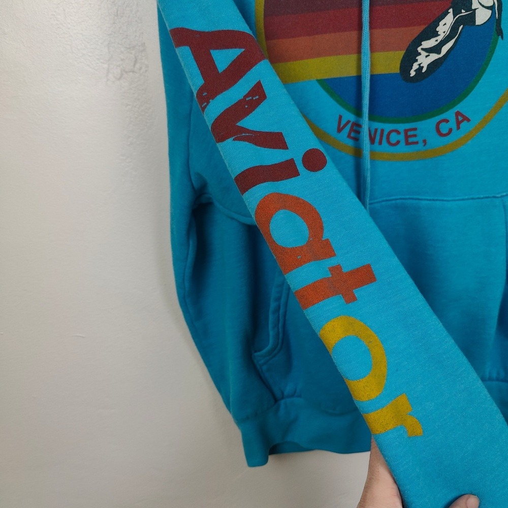 Aviator Nation Hoodie Size Small Blue Surf Graphic Sleeve Logo Retro Surfcore - Picture 5 of 10